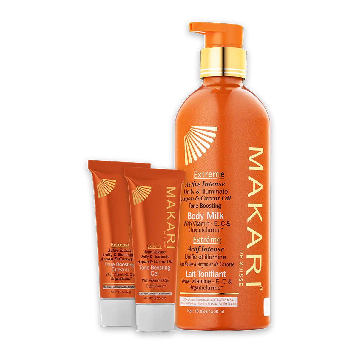 Makari Extreme Argan & Carrot Oil - Body Milk, Tone Boosting Cream and Gel Combo
