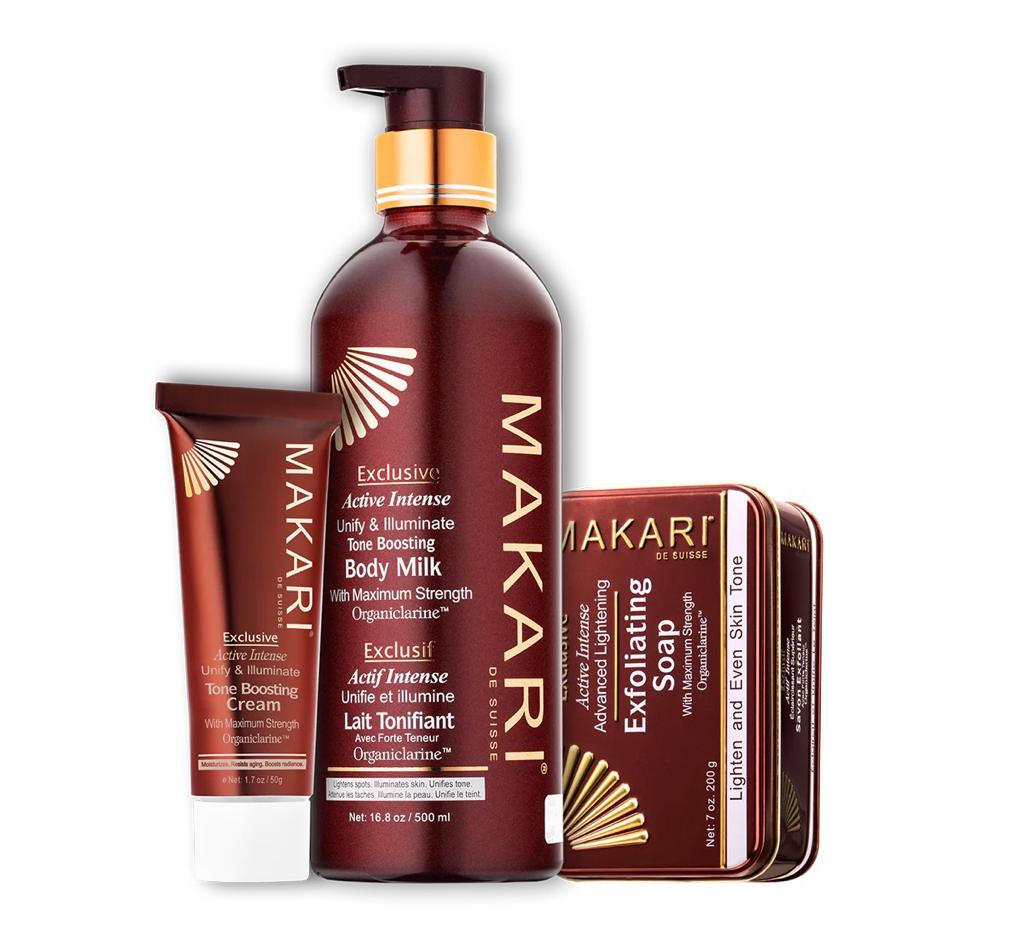 Makari Exclusive - Body Milk, Tone Boosting Cream and Exfoliating Soap Combo Set